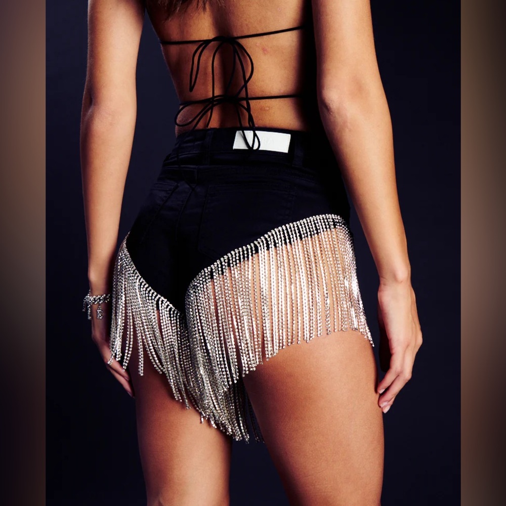 Akira WATERFALL RHINESTONE DENIM bling hight cut daisy duke glam SHORTS size 2x - Picture 12 of 13